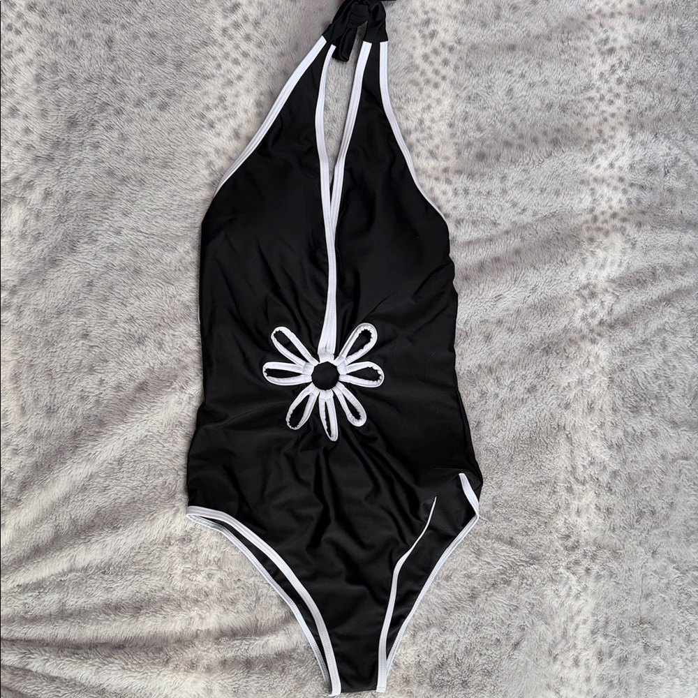 Fashion Nova Black One-Piece Swimsuit with White Trim
